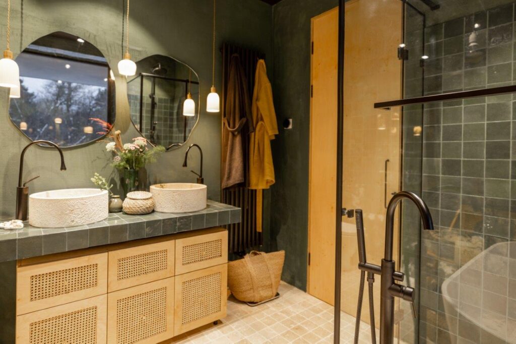 Bathroom interior in natural boho style