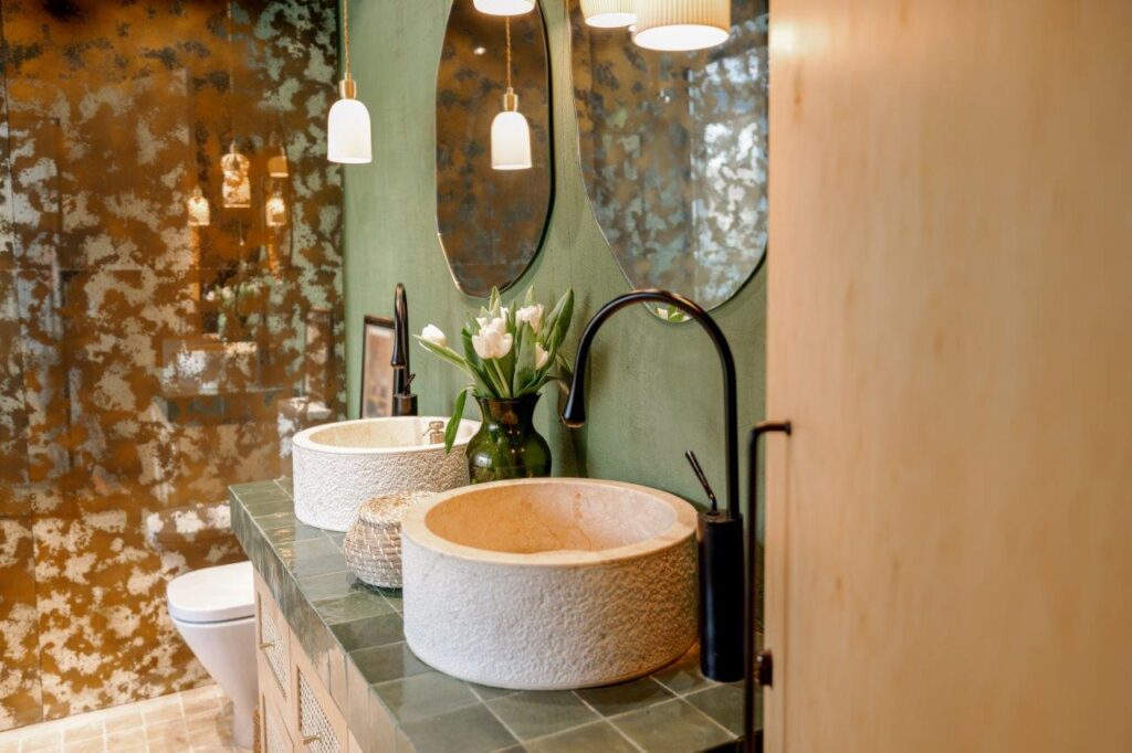 Bathroom interior in natural boho style close